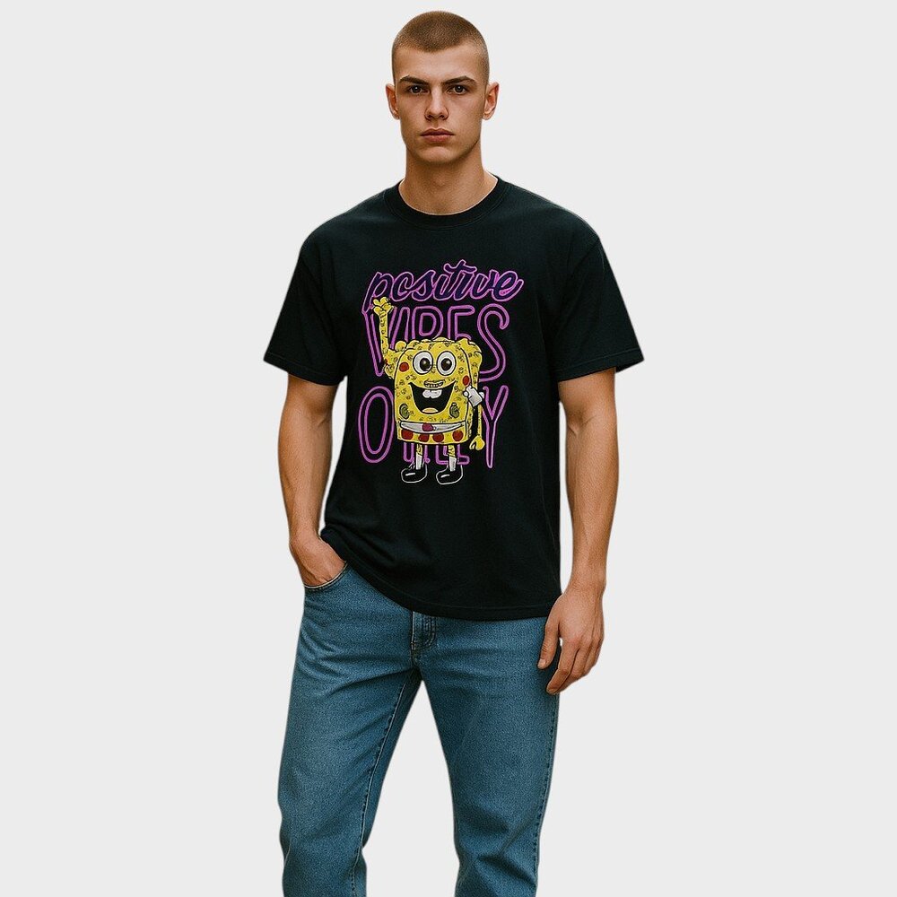Nickelodeon SpongeBob Mens XL Black Positive Vibes Graphic Tee Cartoon Shirt